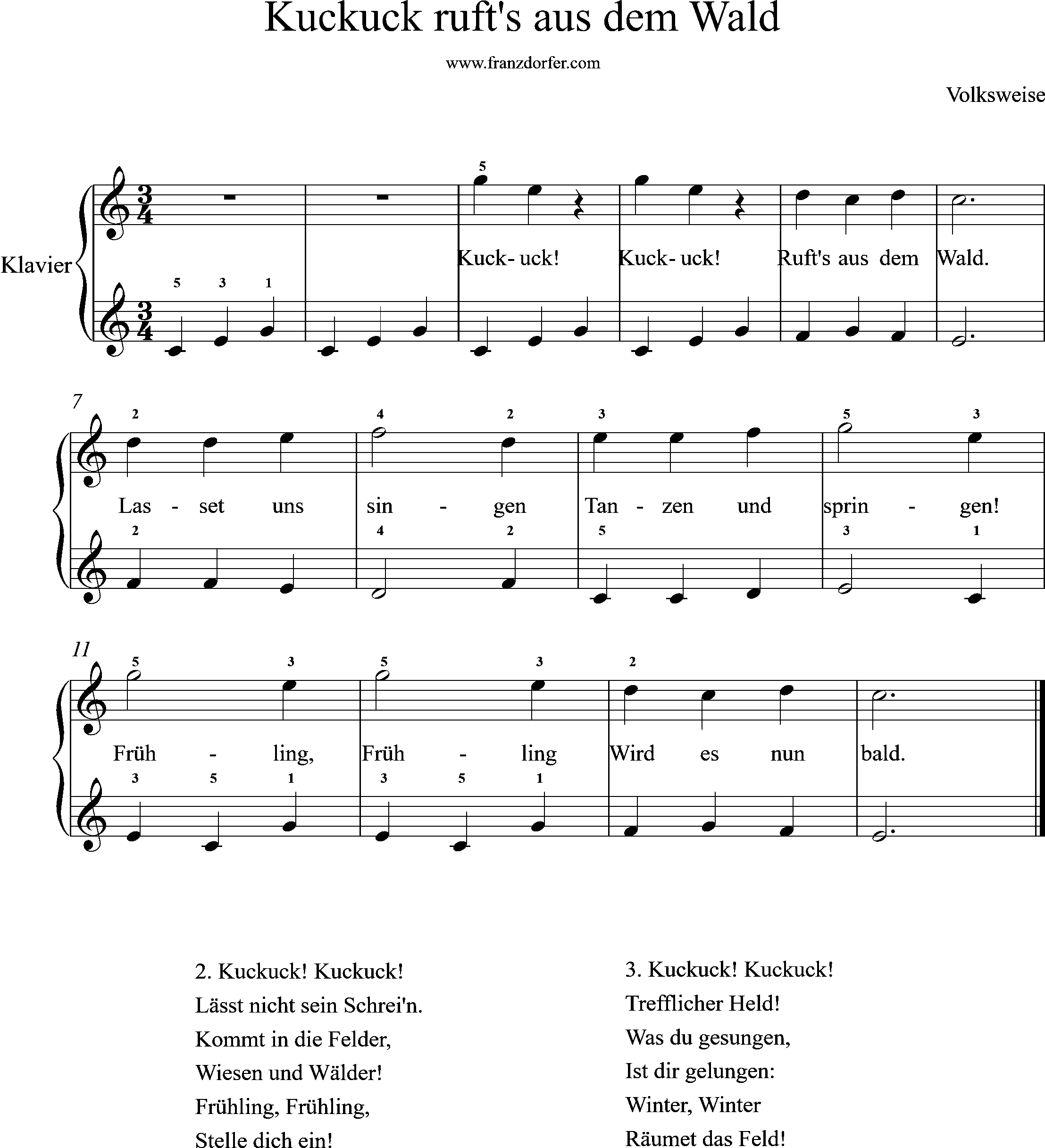 klaviernoten, C-Dur, Kuckuck